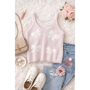 Pink Rose Fuzzy Knit Bow Tank Top Women XL Soft Coquette Sleeveless Sweater